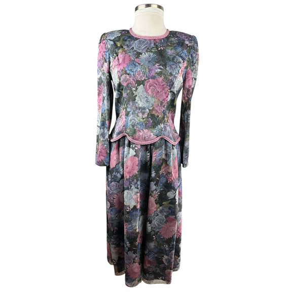 Vintage Unbranded Floral Peplum Dress Secretary Romantic Prairie Layered Size 16 - Picture 2 of 16